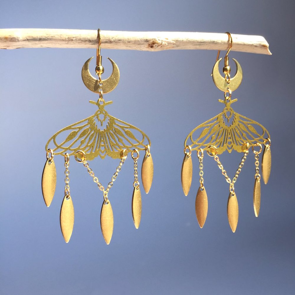 Crescent Moon & Firefly — long Gold Earrings